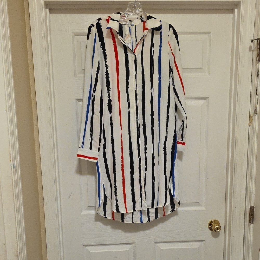 Ovi White shirt dress with Black, Red, and Blue Stripes